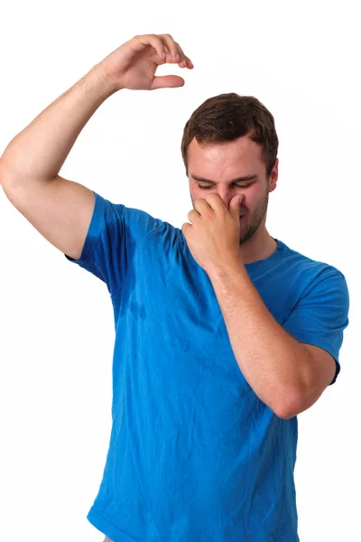 Homem suando muito mal sob axila — Fotografia de Stock