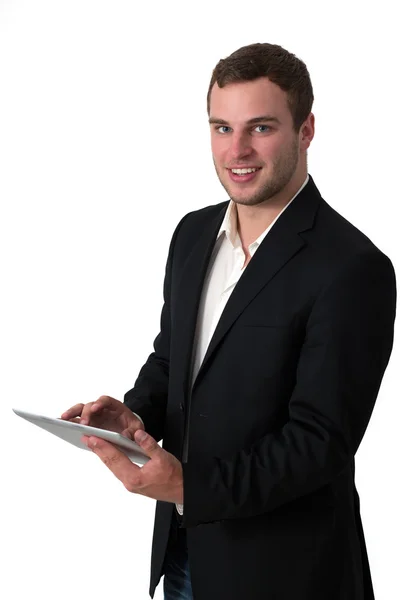 Νεαρός επιχειρηματίας που εργάζεται σε ένα tablet pc — Φωτογραφία Αρχείου