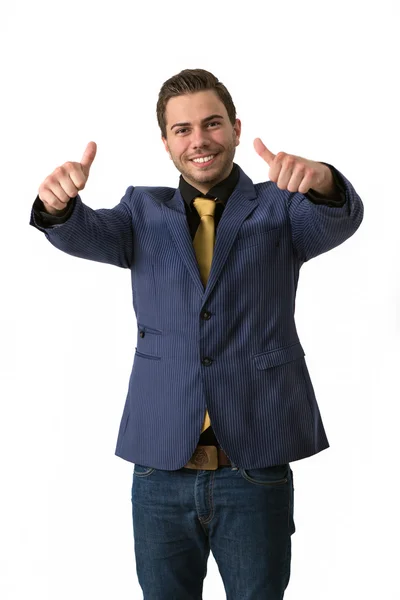 Um jovem empresário simpático fazendo polegares para cima — Fotografia de Stock