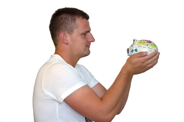 Young Man Holding Piggy Bank — Stock Photo, Image