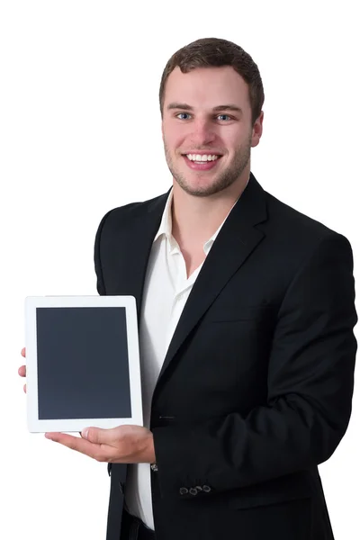 Ung man i kostym som håller TabletPC — Stockfoto