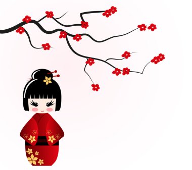 Kokeshi doll under sakura branch clipart