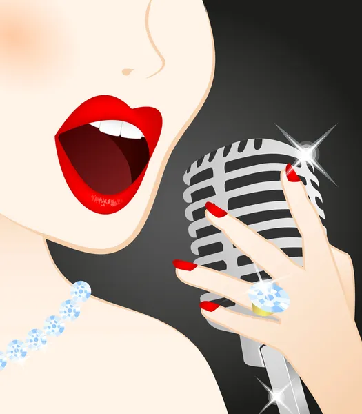 Primer plano de hermosa mujer cantando en micrófono — Vector de stock