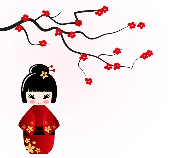 Boneca Kokeshi sob ramo sakura — Vetor de Stock