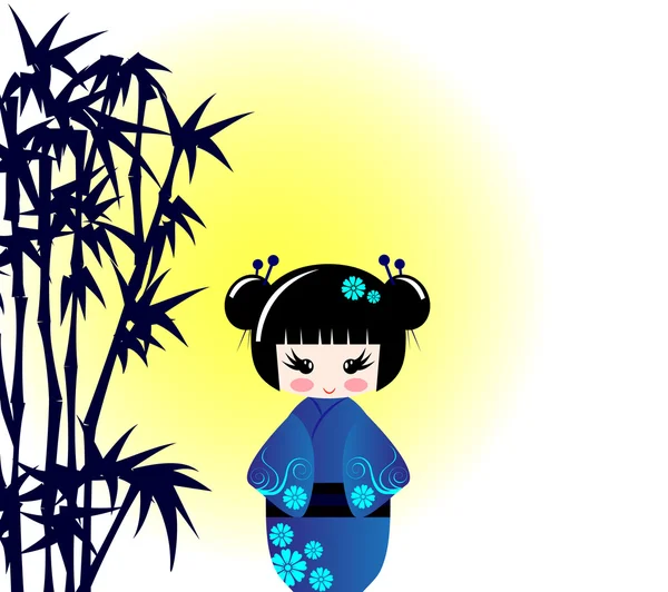 Muñeca Kokeshi y bambú — Vector de stock