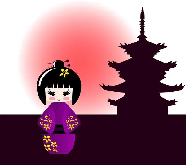 Kokeshi panenku a japonský chrám — Διανυσματικό Αρχείο