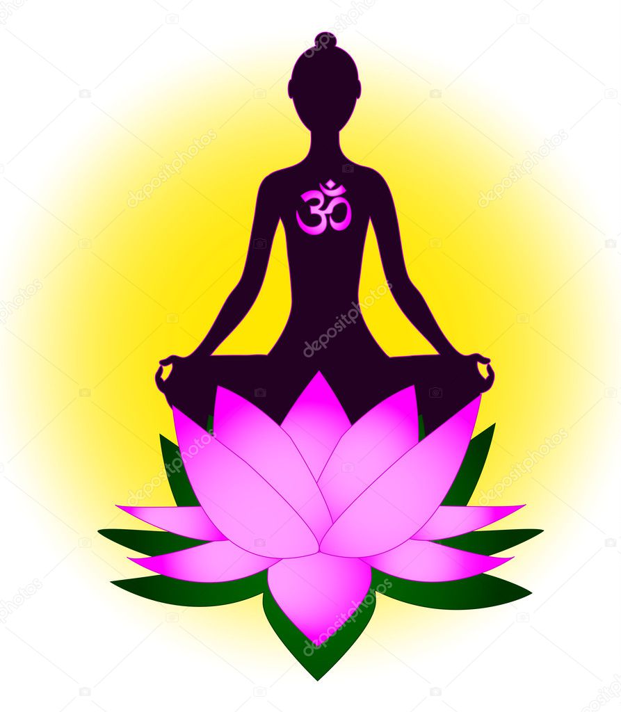 Meditating woman with om symbol and lotus