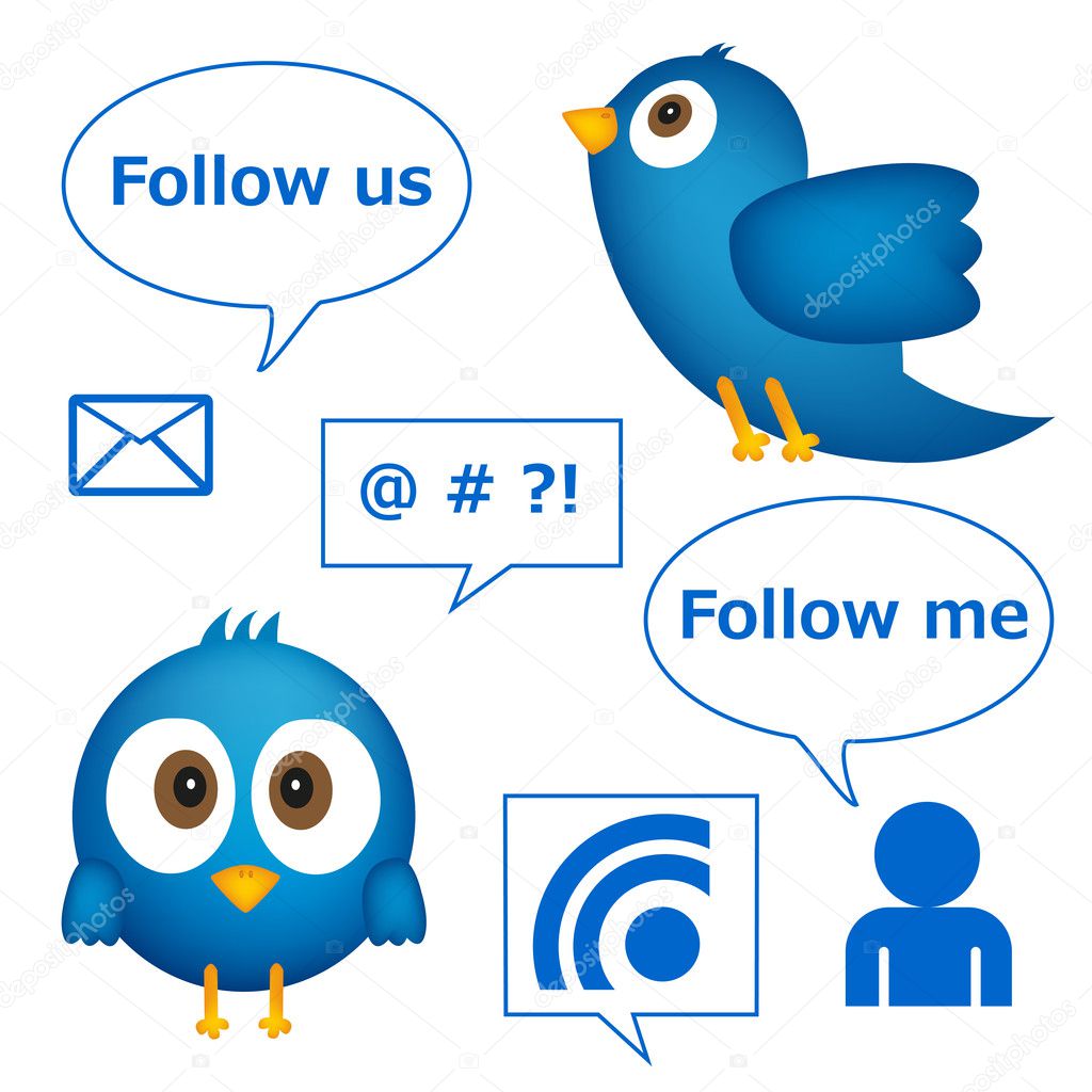 Cartoon of blue bird with social media graphics