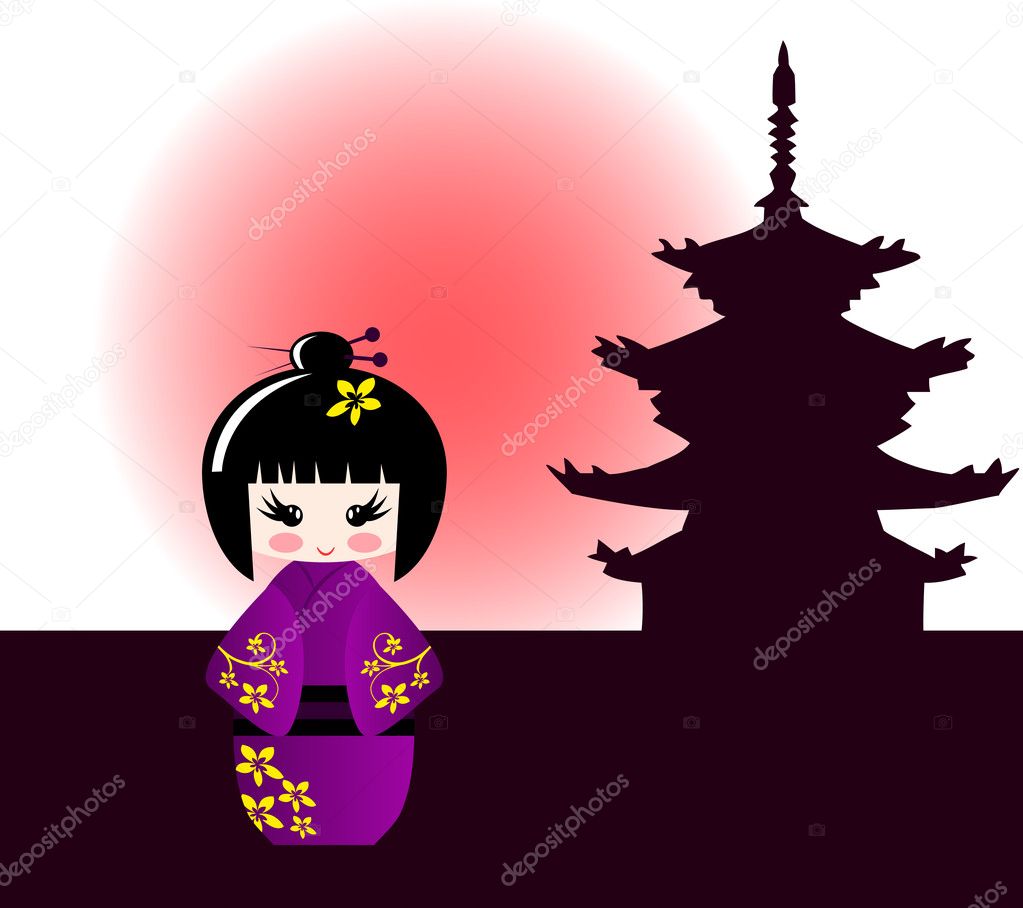 Kokeshi doll and japanese temple
