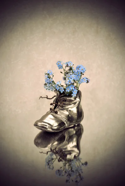 Vaso antigo com flores azuis — Fotografia de Stock