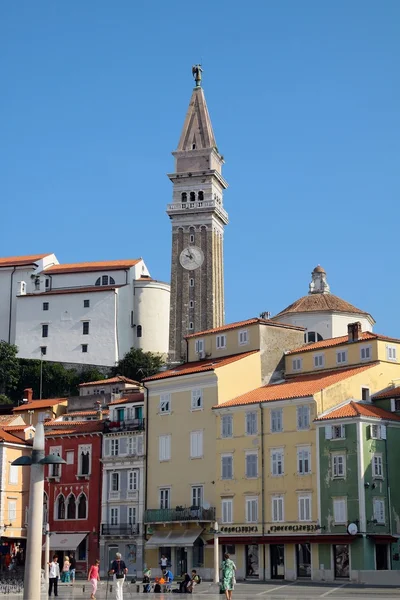 stock image Old town Rovinj and ancient church with clck on hill