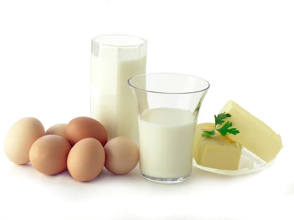 Milk,butter and eggs as dairy products — Stock Photo, Image