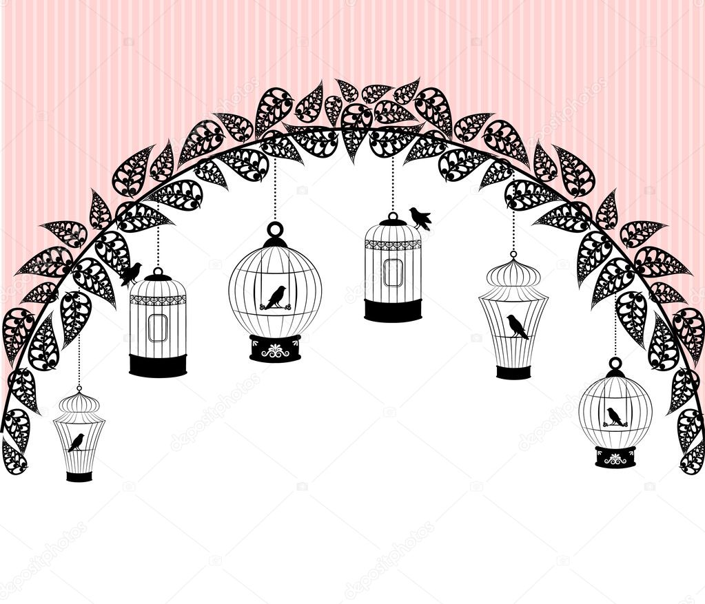 Vintage background with ornamental birdcages and birds