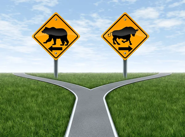 stock image Stock Market crossroads With Bull and Bear Signs