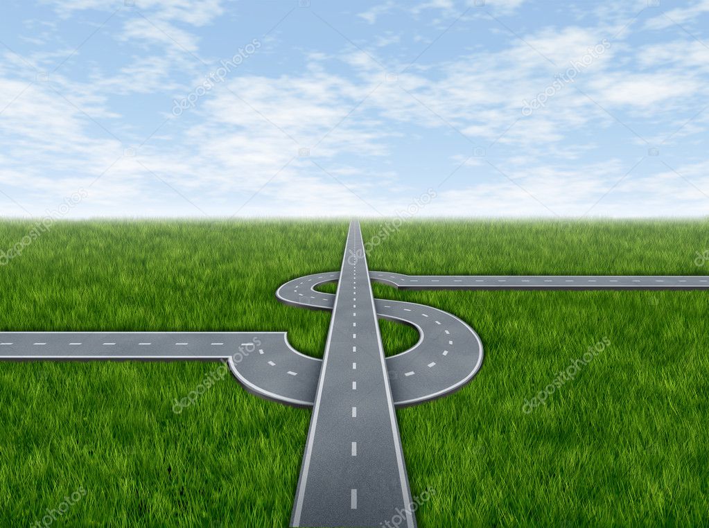 Crossroad Decision Dilemma With Two Roads Crossing As A Business Symbol Of  Facing Difficult Financial Choices Deciding To Choose The Best Path To  Success And Wealth On A Green Grass Summer Landscape