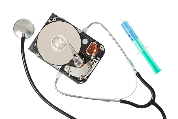 The stethoscope as a diagnostic tool for hard disk. — Stock Photo, Image