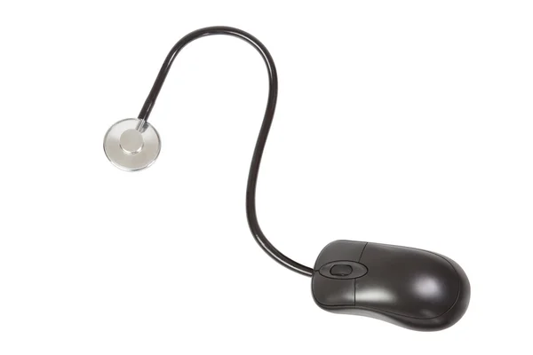 Il mouse è collegato con uno stetoscopio. su uno sfondo bianco. — Foto Stock