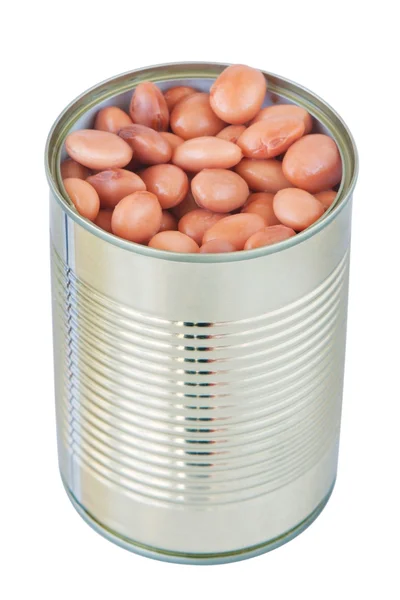 Abrir uma lata com uma lata de feijão. sobre um fundo branco. — Fotografia de Stock