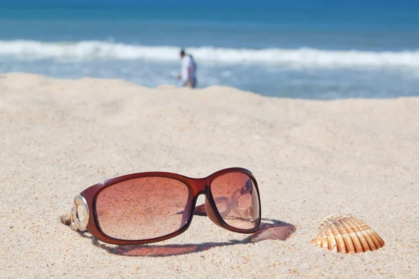 Óculos de sol na praia e conchas. — Fotografia de Stock