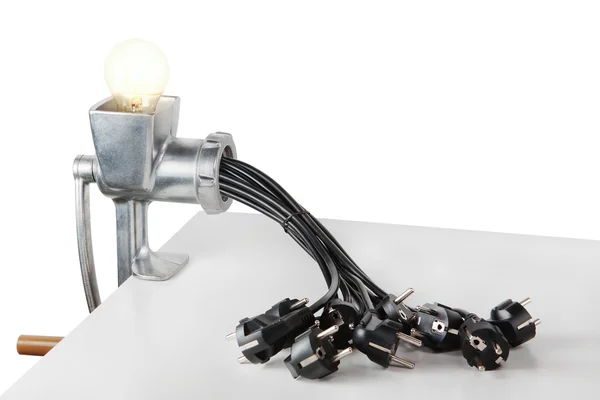 Idée créative avec la lampe et les câbles électriques de rectifieuse de viande. — Photo