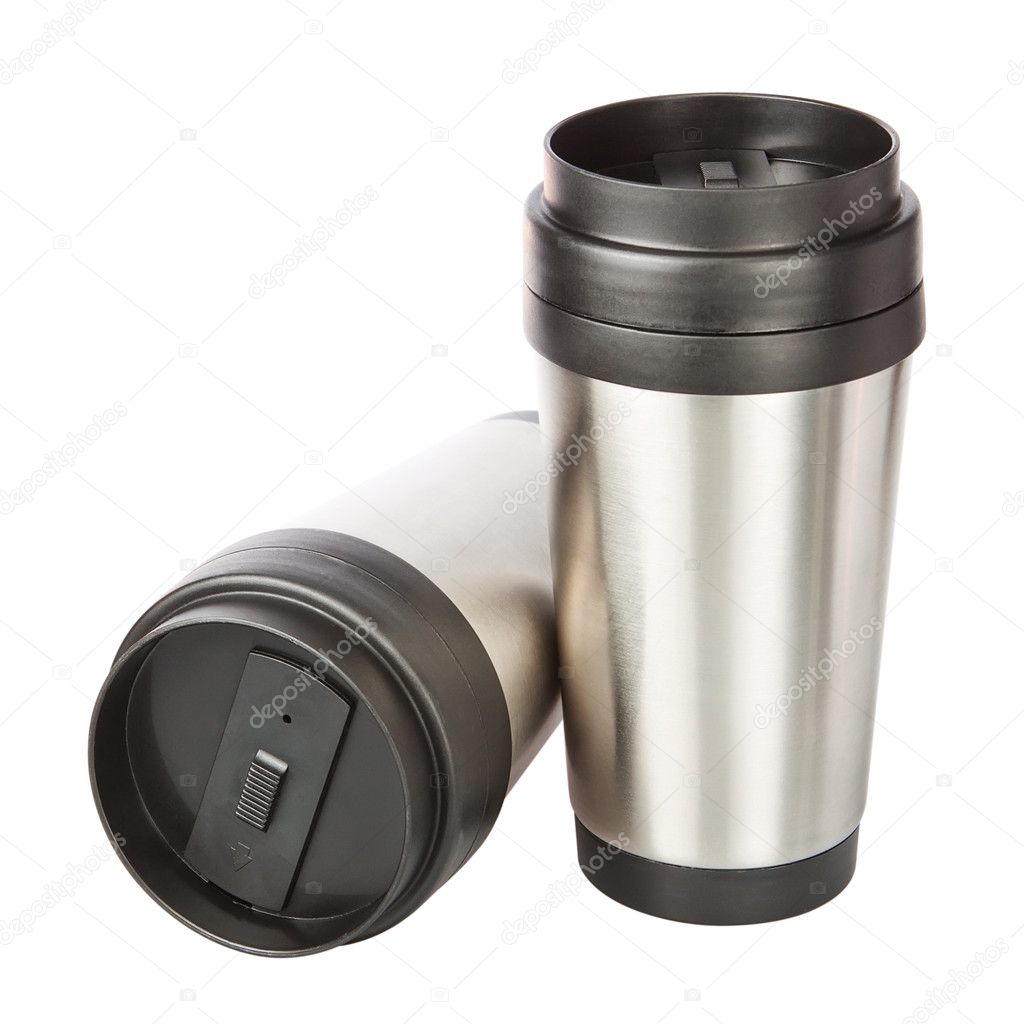 Two travel thermos-cup. Closeup.