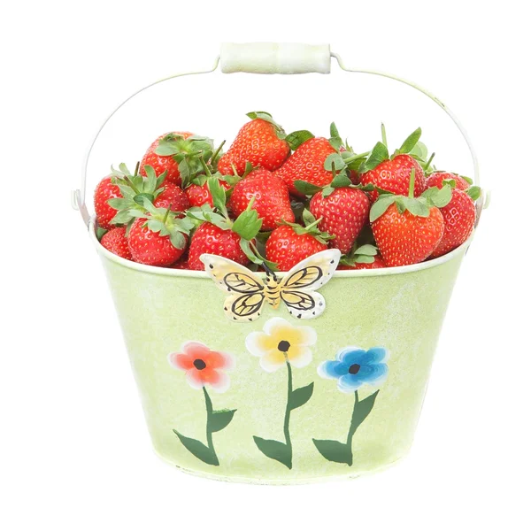 Red Strawberries in a tin bucket. Close-up. On a white backgroun — Stock Photo, Image