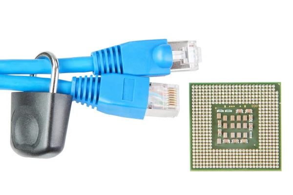Пара сетевых кабелей для блокировки и микропроцессор. — стоковое фото