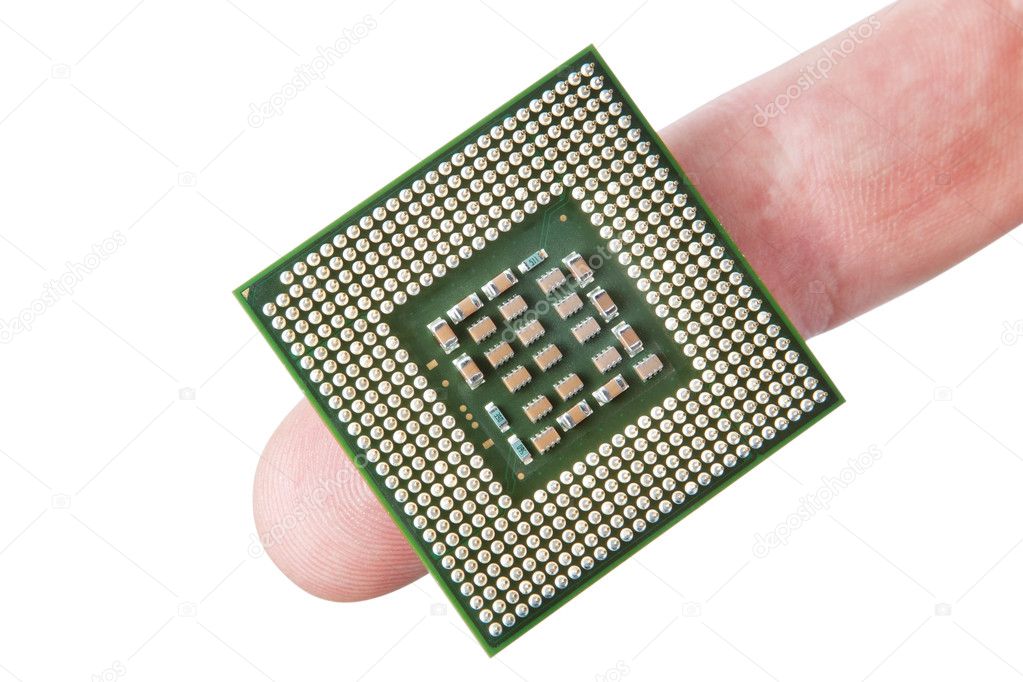 The microprocessor on the finger. On a white background.