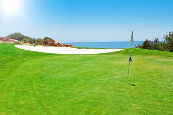 Зеленые гольф-поле на фоне моря. Летом в — стоковое фото