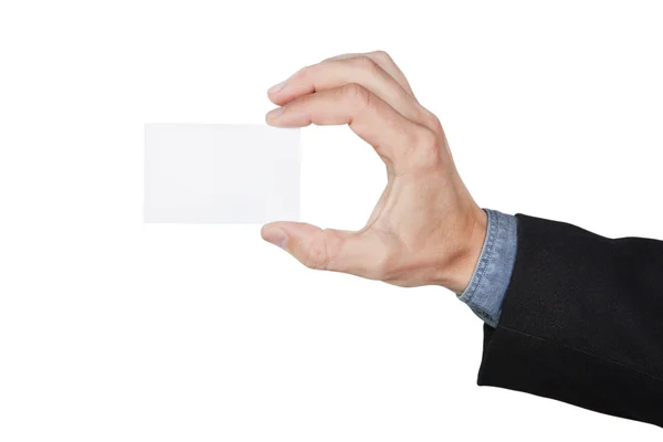 Cartão em branco na mão para o homem. sobre um fundo branco. — Fotografia de Stock