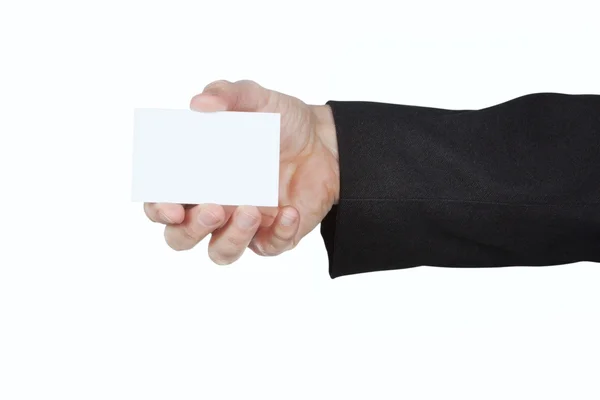 Hombre de la chaqueta mantiene una tarjeta en blanco. — Foto de Stock