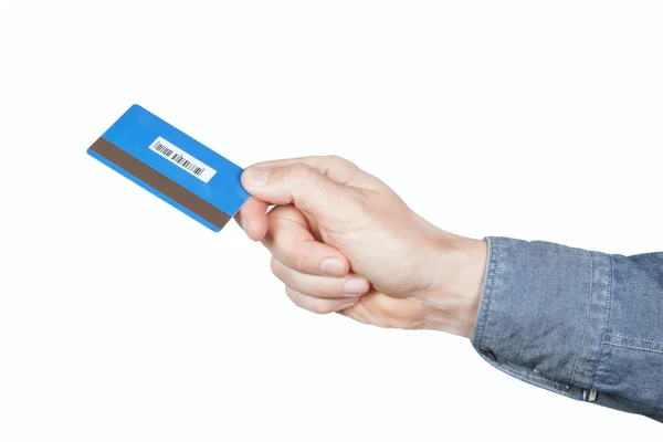 Stock image Credit card in the hands of men. On a white background.