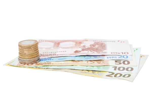Una pila de financiero de signos: céntimos, los billetes de euro. —  Fotos de Stock