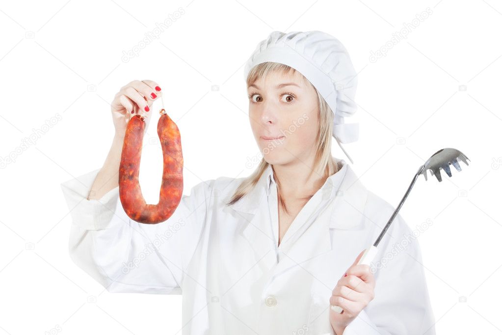 A girl tries to cook the sausage. On a white background.