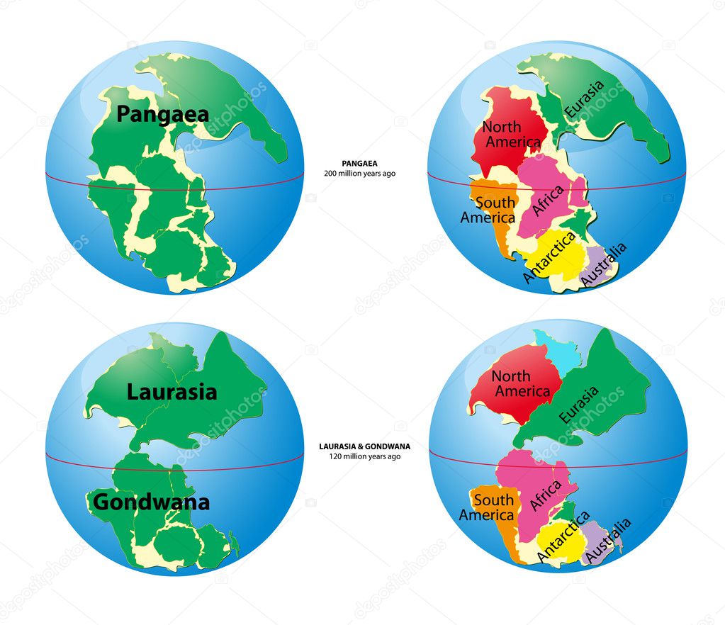 World map of Pangaea, Laurasia, Gondwana and sea Tetis