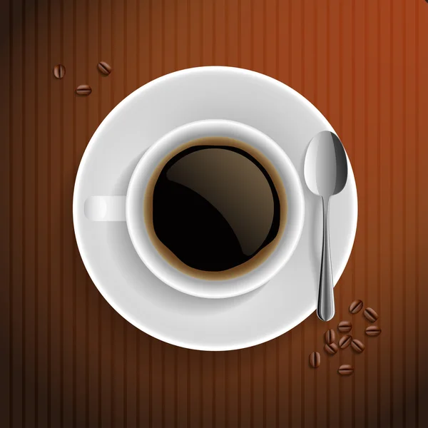 Tasse schwarzen Kaffee mit Kaffeekorn und Löffel. auf braunem Hintergrund. — Stockvektor