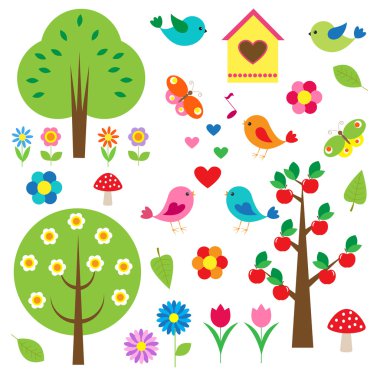 Birds and trees. Vector set clipart