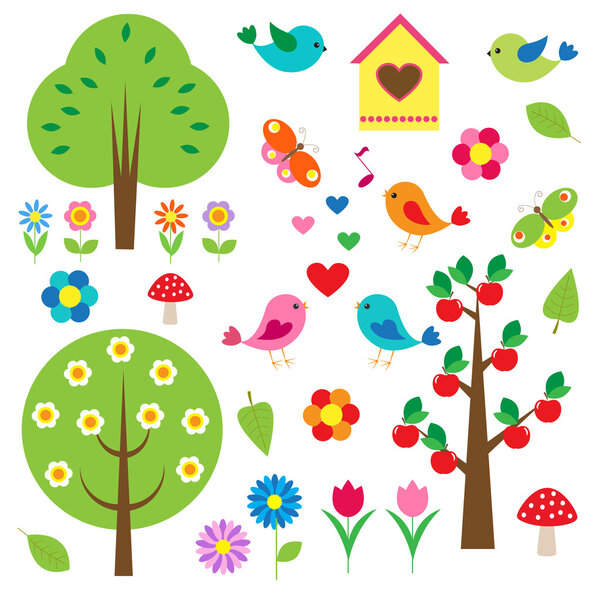 Birds and trees. Vector set