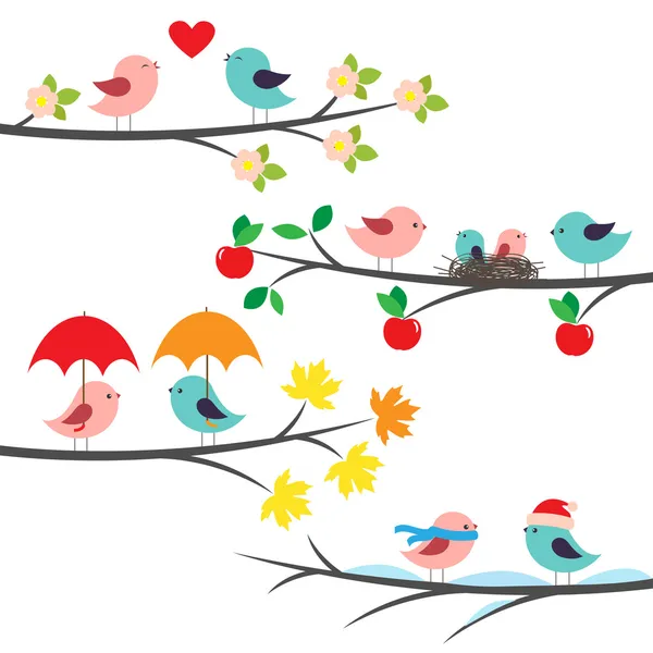 Branches et oiseaux saisonniers — Image vectorielle