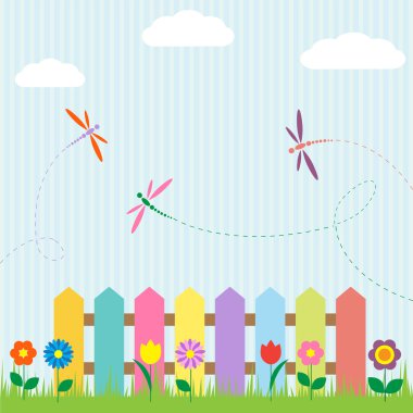 Colorful fence with flowers and dragonflies clipart