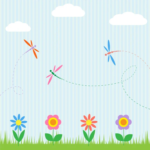 Libellules et fleurs colorées — Image vectorielle