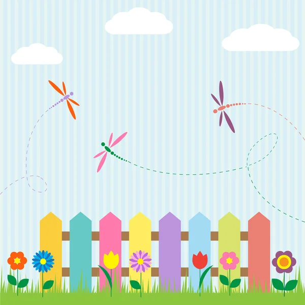 Clôture colorée avec fleurs et libellules — Image vectorielle