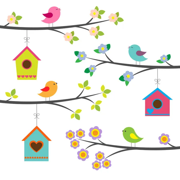 Pássaros e casas de pássaros. Conjunto de vetores — Vetor de Stock