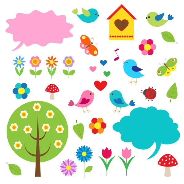 Uccelli, alberi e bolle per la parola — Vettoriale Stock