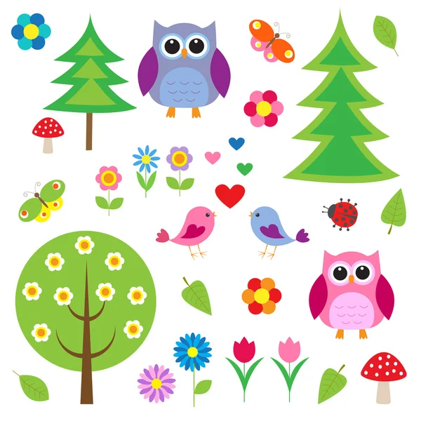 Πουλιά, δένδρα και κουκουβάγιες — Διανυσματικό Αρχείο