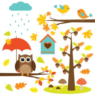Birds,trees and owl. Autumnal set of vector elements clipart