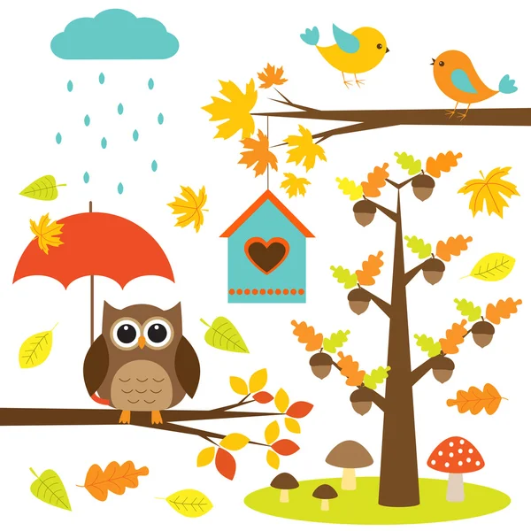 Kuşlar, ağaçlar ve baykuş. sonbahar vektör öğeleri kümesi — Stok Vektör