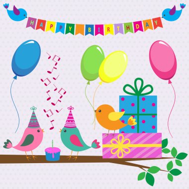 Vector birthday card with cute birds clipart