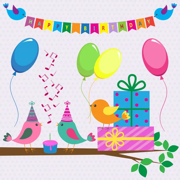 Vektor-Geburtstagskarte mit niedlichen Vögeln — Stockvektor