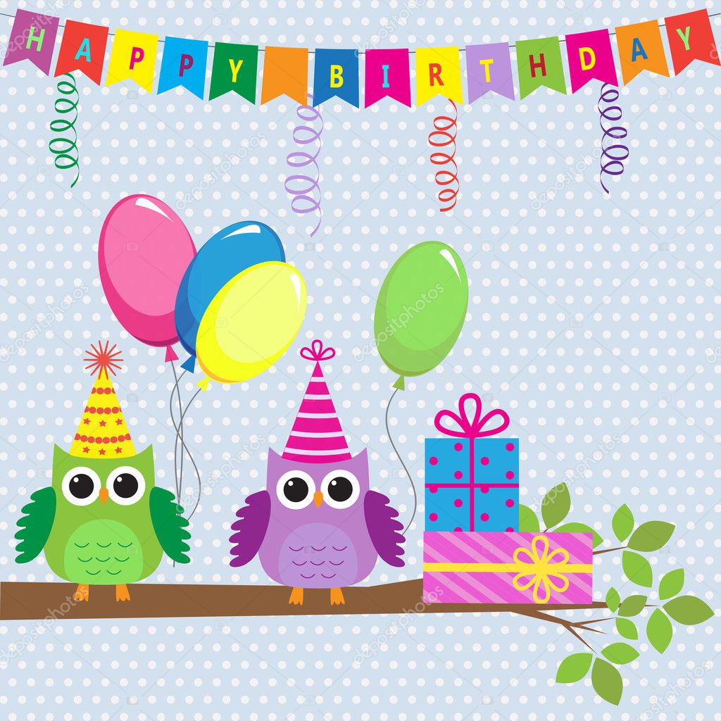 Vector birthday card with cute owls